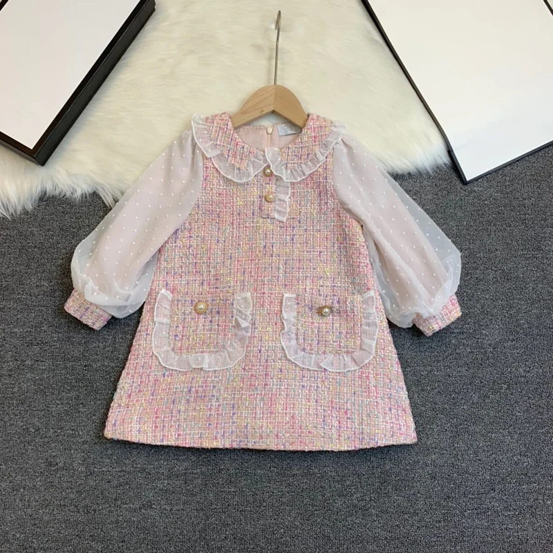 and the United Europe States children's wear the new autumn 2021 Long sleeve doll collar buttons Baby girls fashion tweed dress