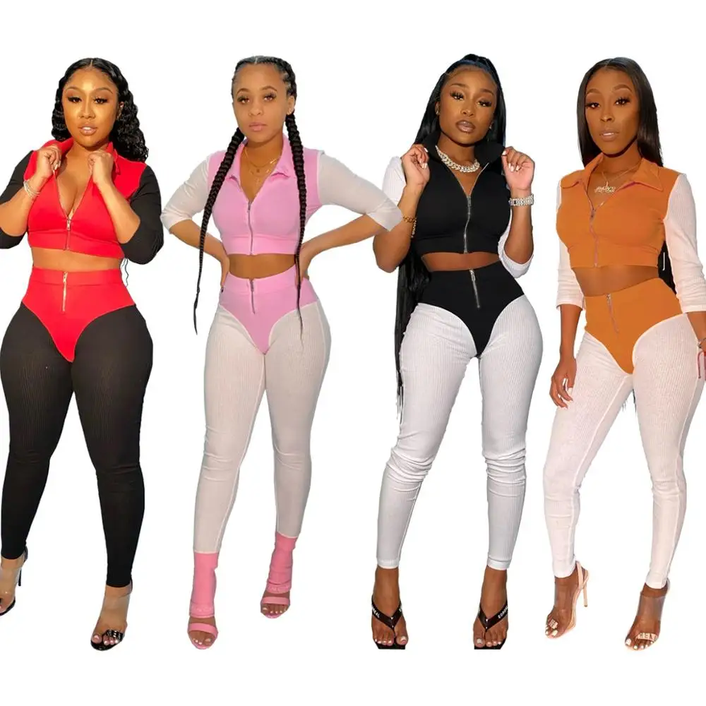 

Sexy Two Piece Outfits For Women Tracksuit Long Sleeve Zipper Coat Crop Top + Vintage High Waist Pants Trousers Lounge Wear