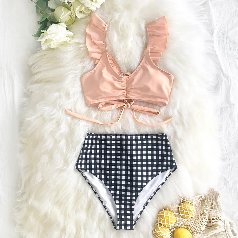 Женский купальник бикини CUPSHE голубой в полоску с высокой талией и оборками