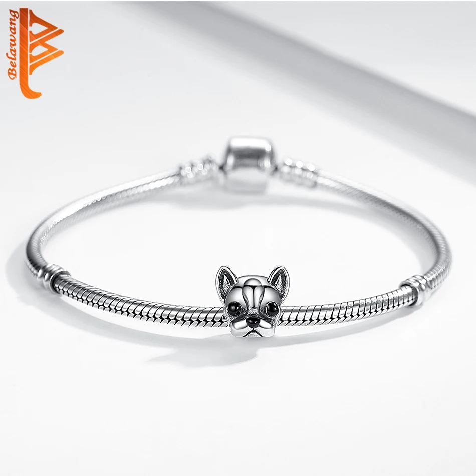 BELAWANG 925 Серебряный Браслет с привязанным французским бульдогом, животные бусины подходят для изготовления браслетов в стиле DIY.