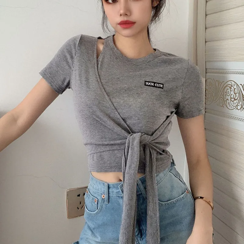 XUXI женская футболка с бантом на плечах росы вырезами сексуальный короткий тонкий