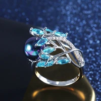 high quality creative phoenix tail black pearl ring for womens blue crystal zircon ring bridal wedding engagement jewelry gifts