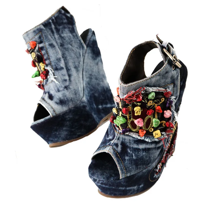 Сандалии женские джинсовые на танкетке 12 см туфли лодочки с открытым носком