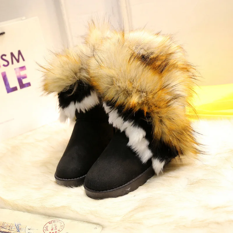 Classic Faux Fox Hair Winter Snow Rain Warm Short fur Boots Women Australian Boots Fashion tube women shoes big size 42