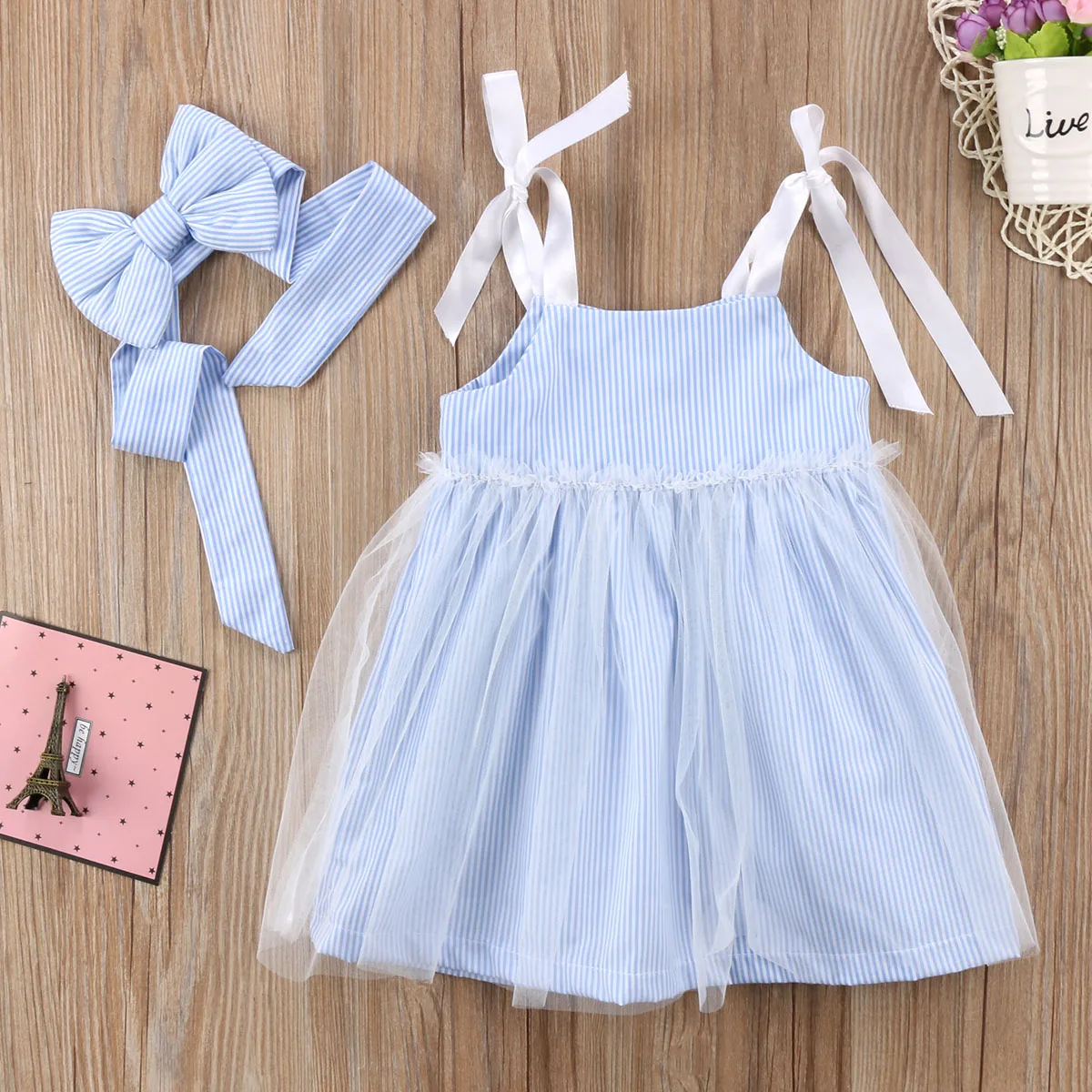 New Blue Formal Belt Toddler Kids Baby Girl Stripes Lace Tulle Dress Sundress Outfits Clothes Summer | Детская одежда и обувь