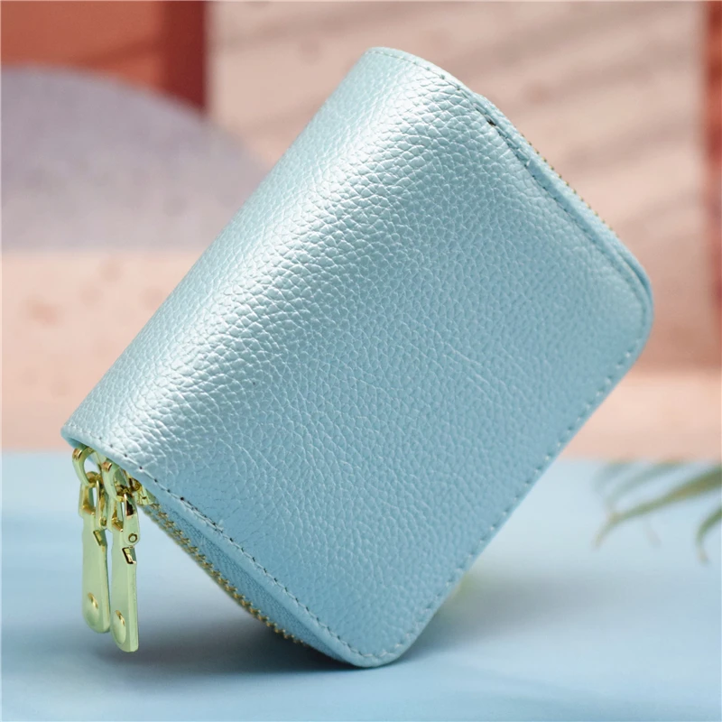 

First layer cowhide RFID anti-scanning leather organ card case Foreign trade double zipper unisex unisex coin purse