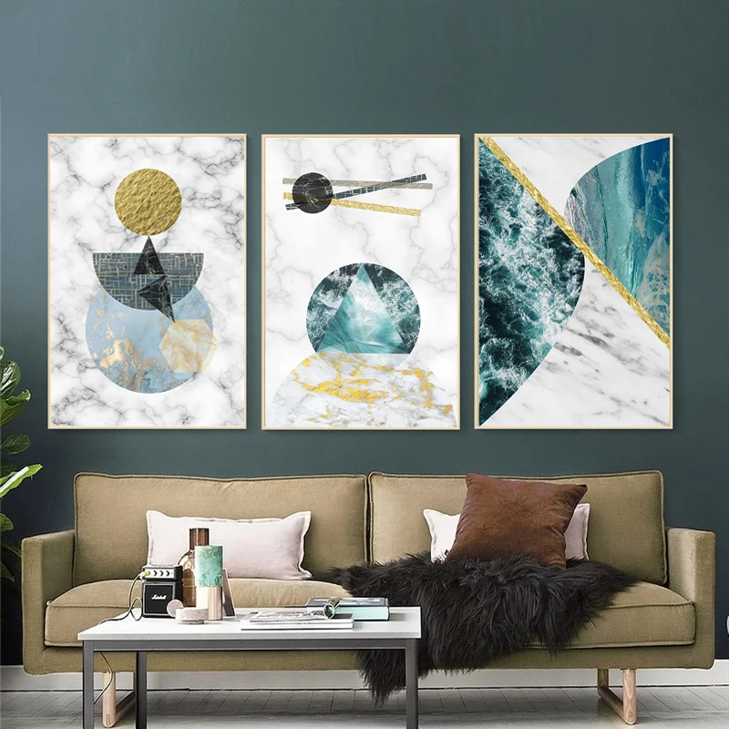 Скандинавский абстрактный мраморный геометрический Золотой зеленый круг холст
