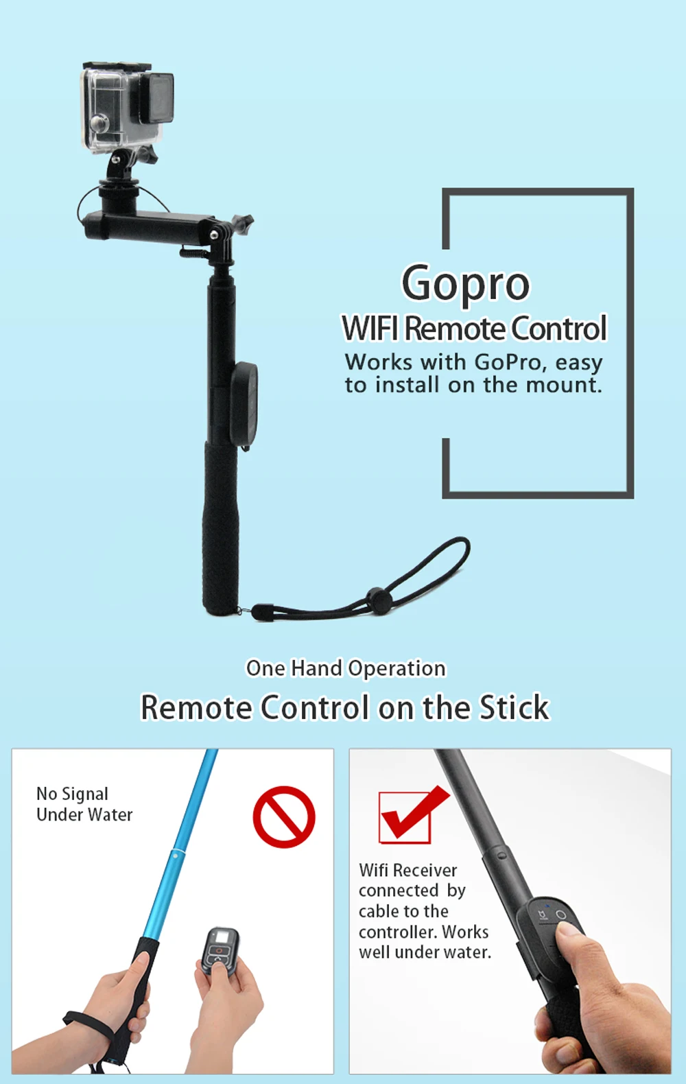 Tayogo Водонепроницаемая рукоятка подводная селфи палка для Gopro Дайвинг камера с Wi-Fi пульт дистанционного управления водостойкое использование океана