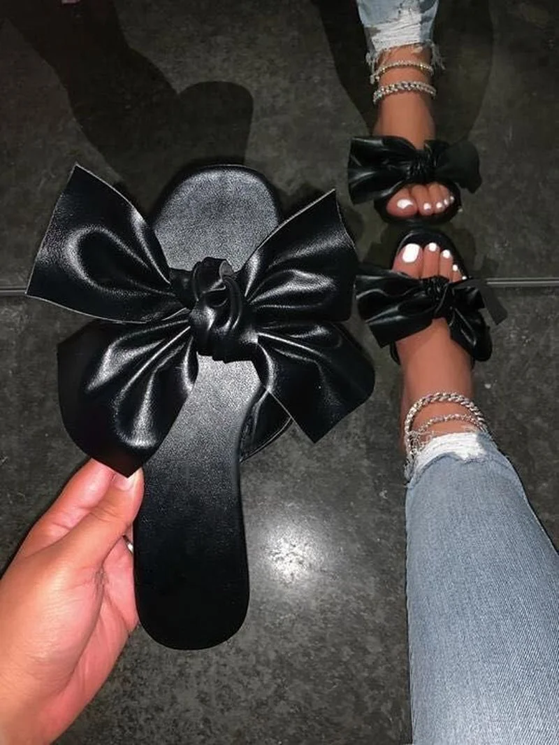 

comemore 2021 Summer New Women's Flat Sandals Fashion Open Toe Bow Slippers Outdoor Beach Shoes Solid Color Leisure Plus Size 43
