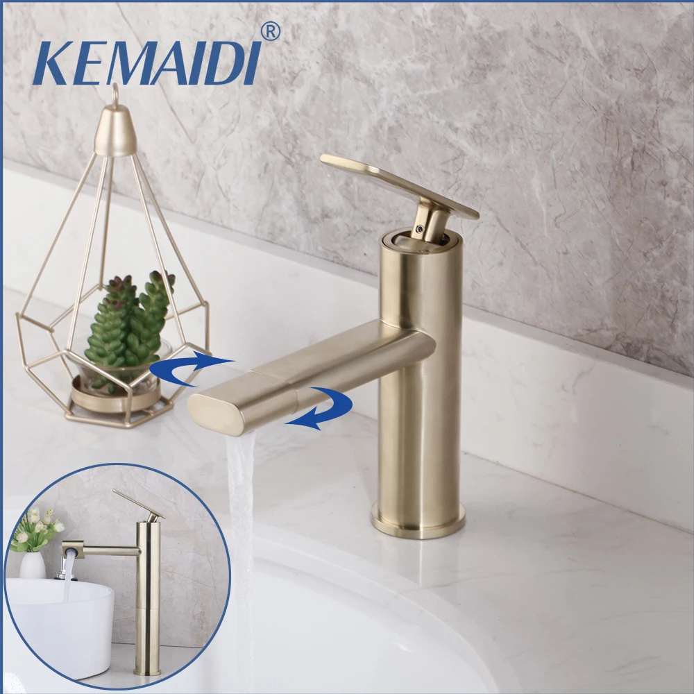 

KEMAI Bathroom Basin Faucets Sink Mixer Brushed Gold Tap BrassTap Water Faucet Waterfall Basin Mixer Faucet 360 Swivel Spout