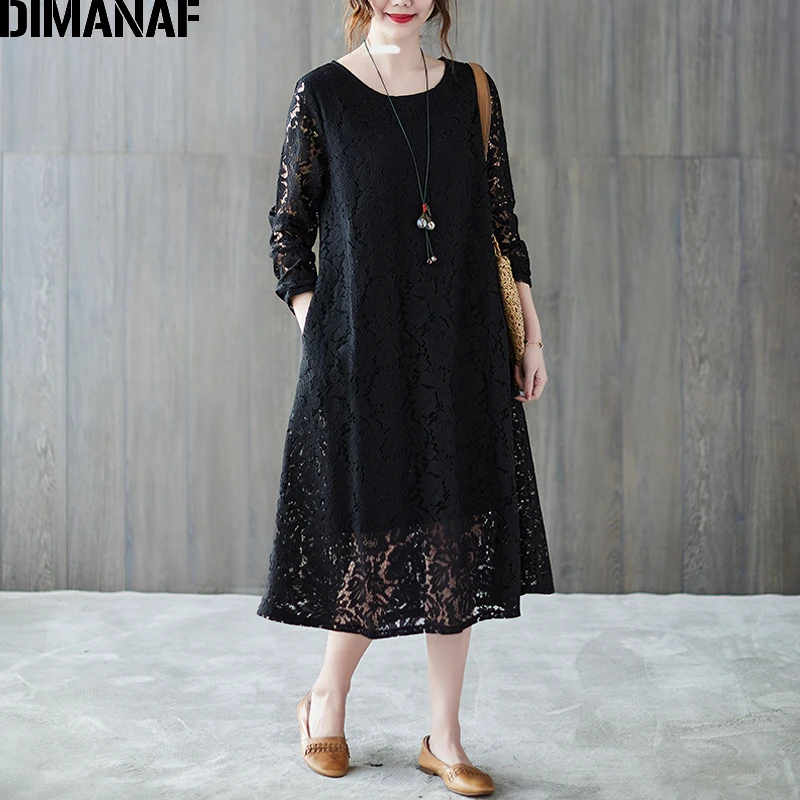 

Женское платье с длинным рукавом DIMANAF, свободный сарафан с цветочным кружевом, летняя одежда, 2021