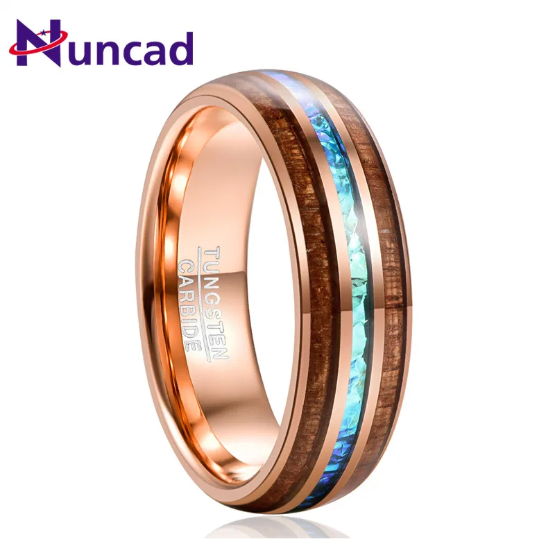 NUNCAD Wood Tungsten Carbide Ring For Men 6MM Rose Gold Acacia Imitation Opal Dome tungsten Steel Ring Anillo Hombre