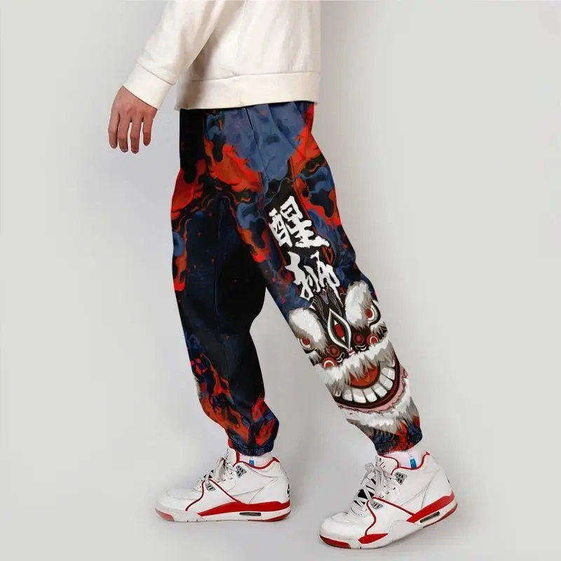 

Men Sports Pants with Print Men Joggers Sweatpants Plus Velvet Jogging Chinese Style Lion Wake Streetwear Hip Hop Harajuku