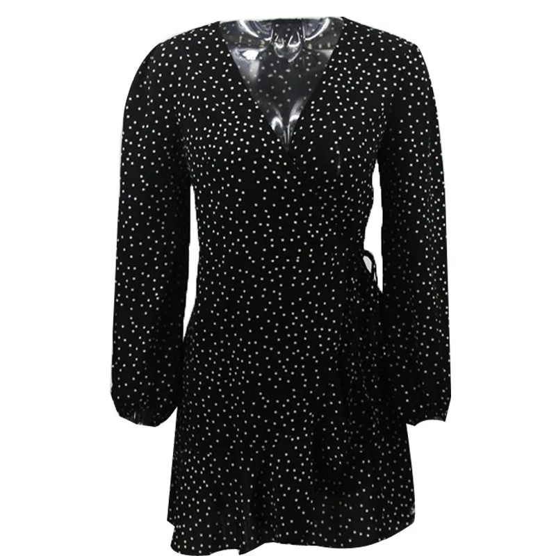 

Autumn Black Printed Ruffle Dress Women Long Sleeve Autumn Party Day Dots Dress Mini Sexy V Neck Ladies Clothes Office 2020