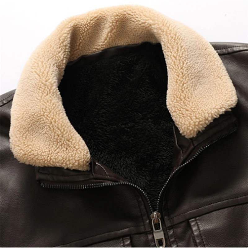 

2020 Winter New Plus L-5XL Man Jacket PU Leather Fashion Plush Turn Down Collar Zipper Male Warm Coat
