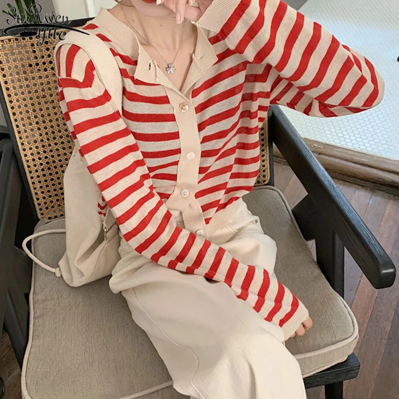 

Spring New Loose Thin O-Neck Short Coat Female College Style Striped Cardigan Thin Tops Korean Knitted Wild Blouse Women 12896