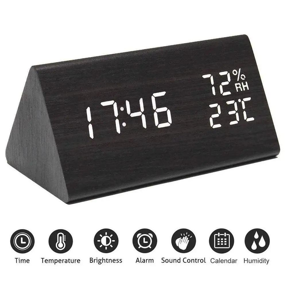 

Humidity thermometer Alarm Clock LED Wooden Watch Table Voice Control Digital Wood Powered Electronic Desktop Clocks