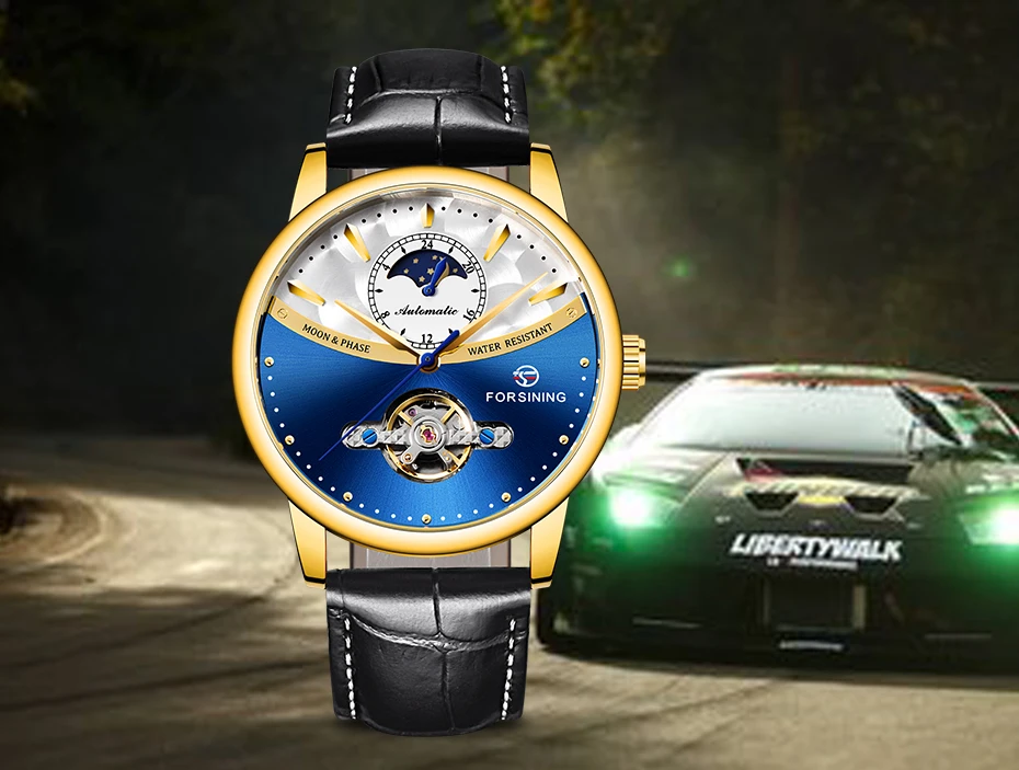 Forsining Tourbillon синие автоматические часы мужские классические Moonphase Дизайн Натуральная кожа Ремешок Водонепроницаемый Бизнес наручные часы подарок