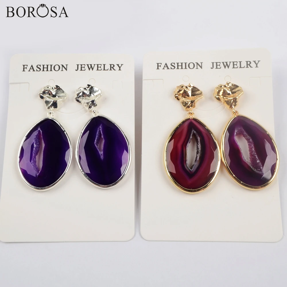 Женские серьги-капельки BOROSA 4 пары золотистого/серебристого цвета Агаты ломтик