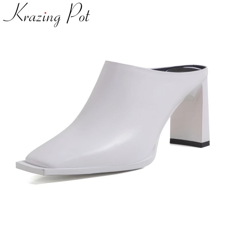 

Мюли Krazing pot из коровьей кожи на высоком квадратном каблуке, классические туфли-лодочки без застежек для молодых девушек, уличная одежда с ре...