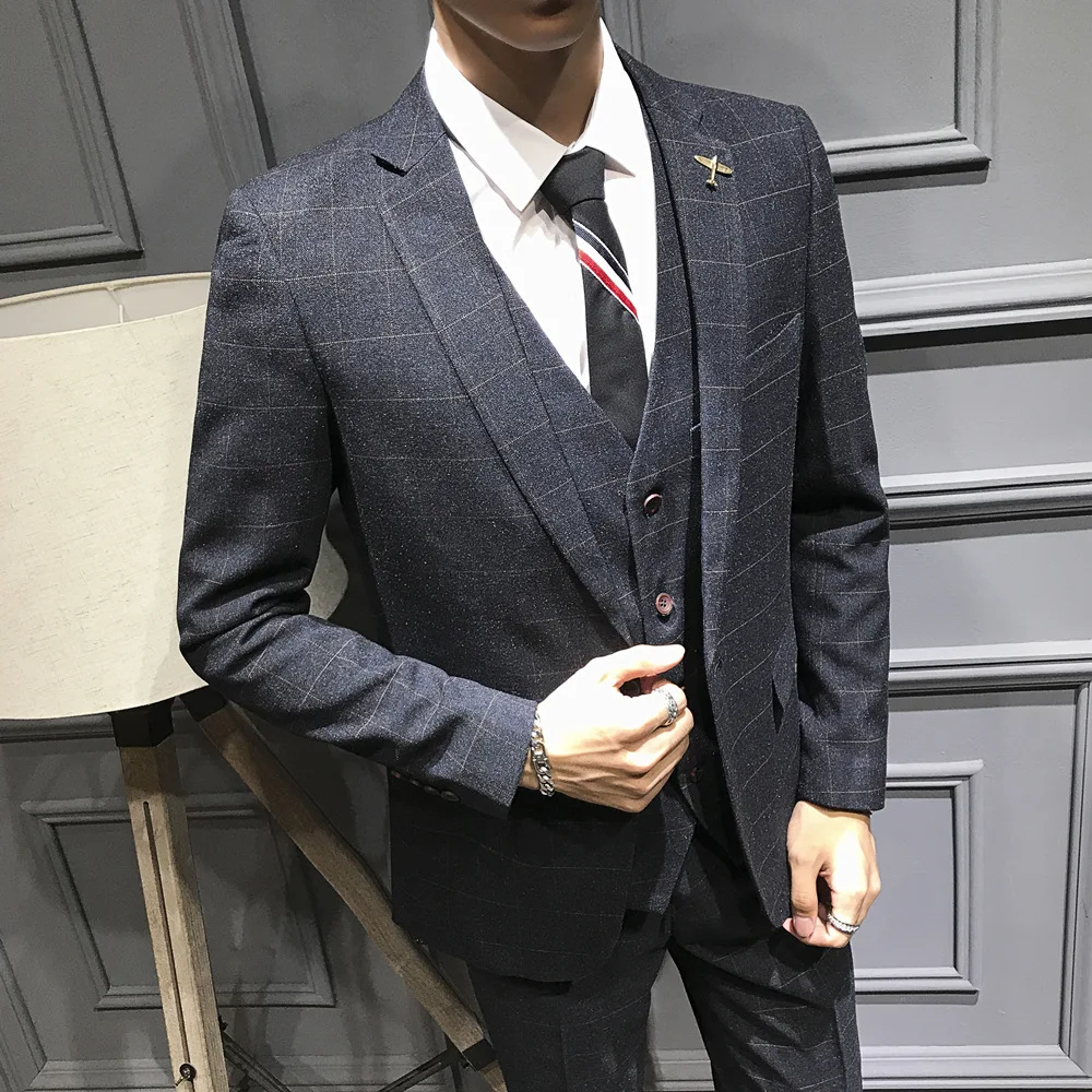 

Plus Size 4XL 5XL Men's Check Business Casual Three Piece Blazers Suit Set Slim Fit Wedding Bridegroom Suits