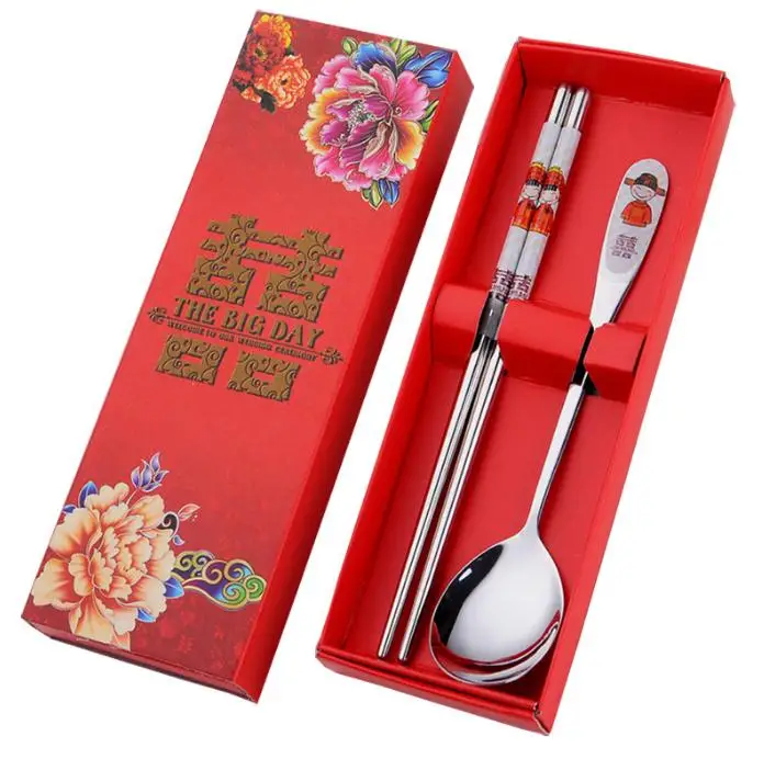 50 sets/lot Stainless Steel Dinnerware Double Happiness Red Color Spoons Chopstick Sets Wedding Party Gifts For Guest |