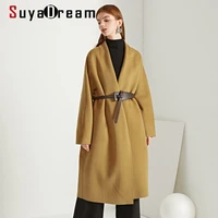 suyadream women wool blend handmade 10%cashmere 90 wool women belts long coat 2021fw elegant office chic wool winter coat