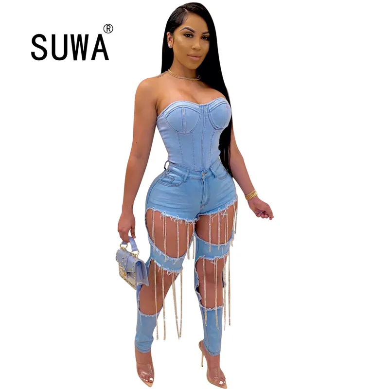 

2020 women fashion blue high pockets hip hole special design pants sexy tight chain leggings high street lady fashion pants