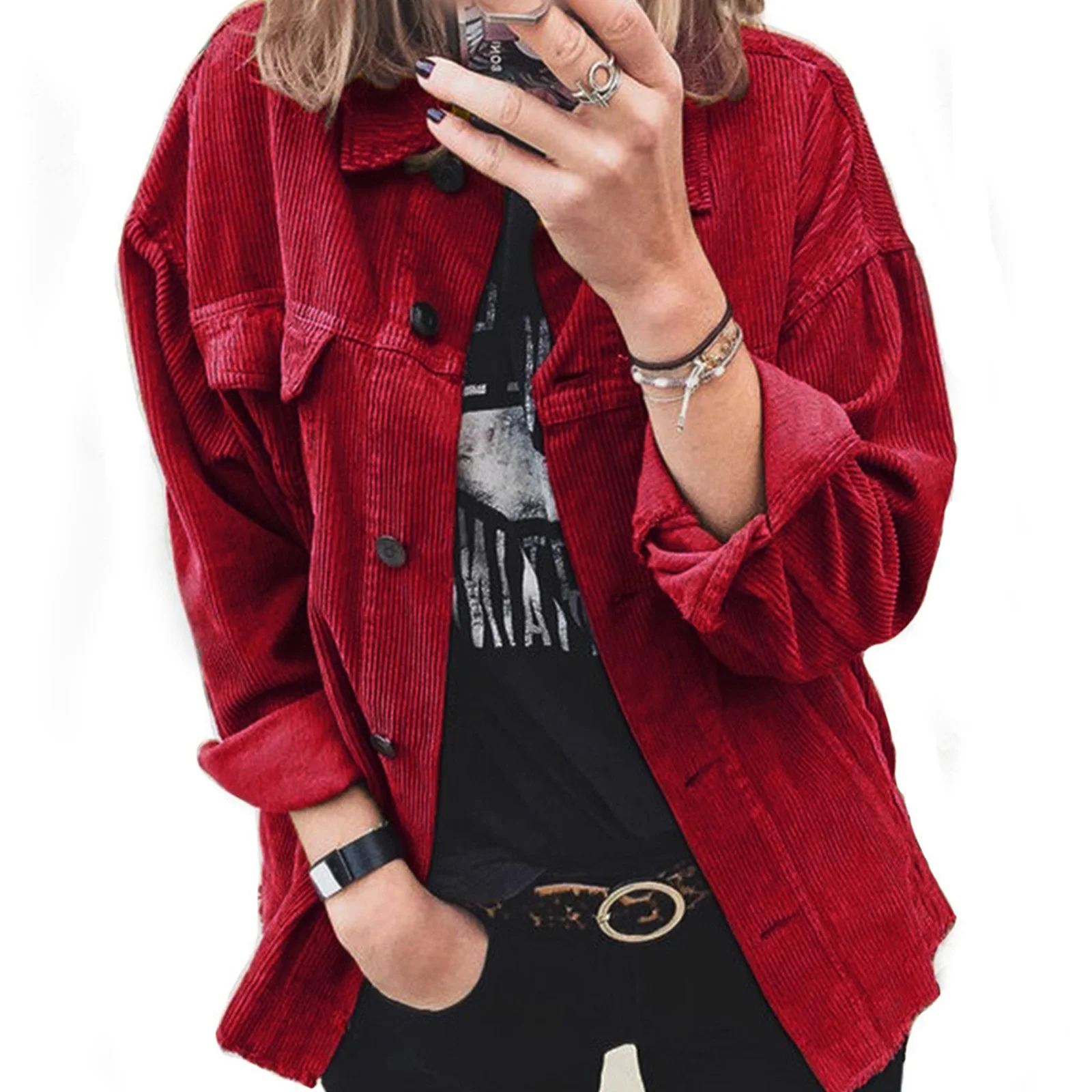

Casual Women Jacket Vintage Corduroy Spring Autumn Solid Color Long Sleeve Lapel Button-down Coat Outwear E-Girl Streetwear