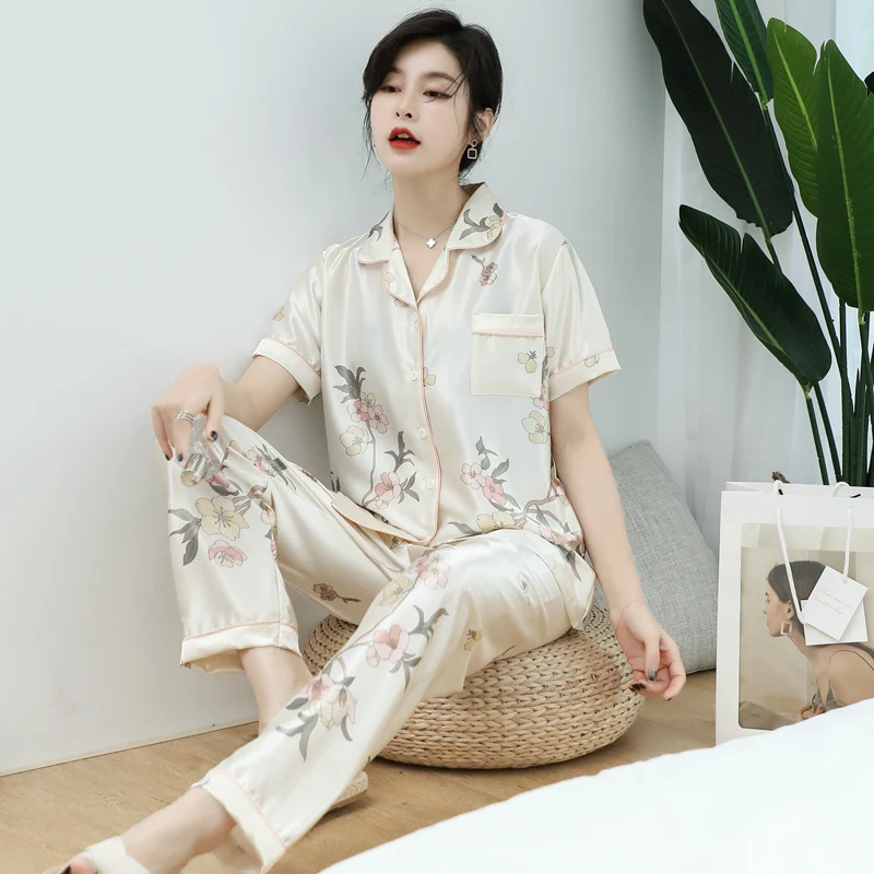 

Plus Size 5XL Silk Satin Pajama Sets for Women 2020 Summer Short Sleeve Long Pants Sleepwear Homewear Pijama Mujer Home Clothes