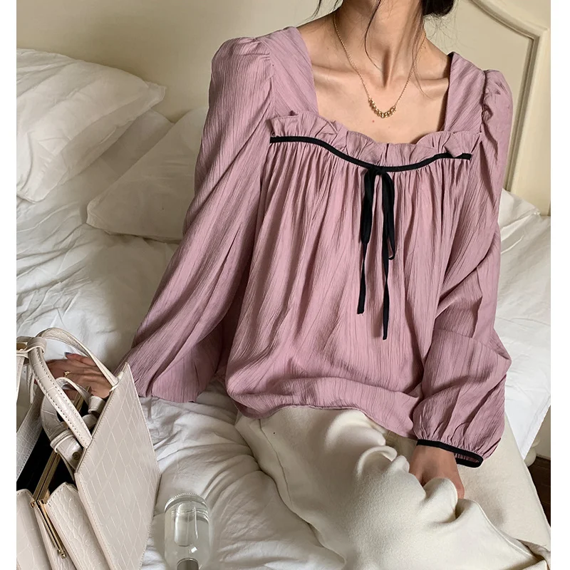 

2021 women tops spring summer new square collar design loose fashion solid color ruffle female long sleeves simple short shirt