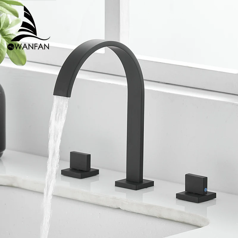 

Basin Faucets Brass Polished Black Deck Mounted Square Bathroom Sink Faucets 3 Hole Double Handle Hot And Cold Water Tap LT-109R