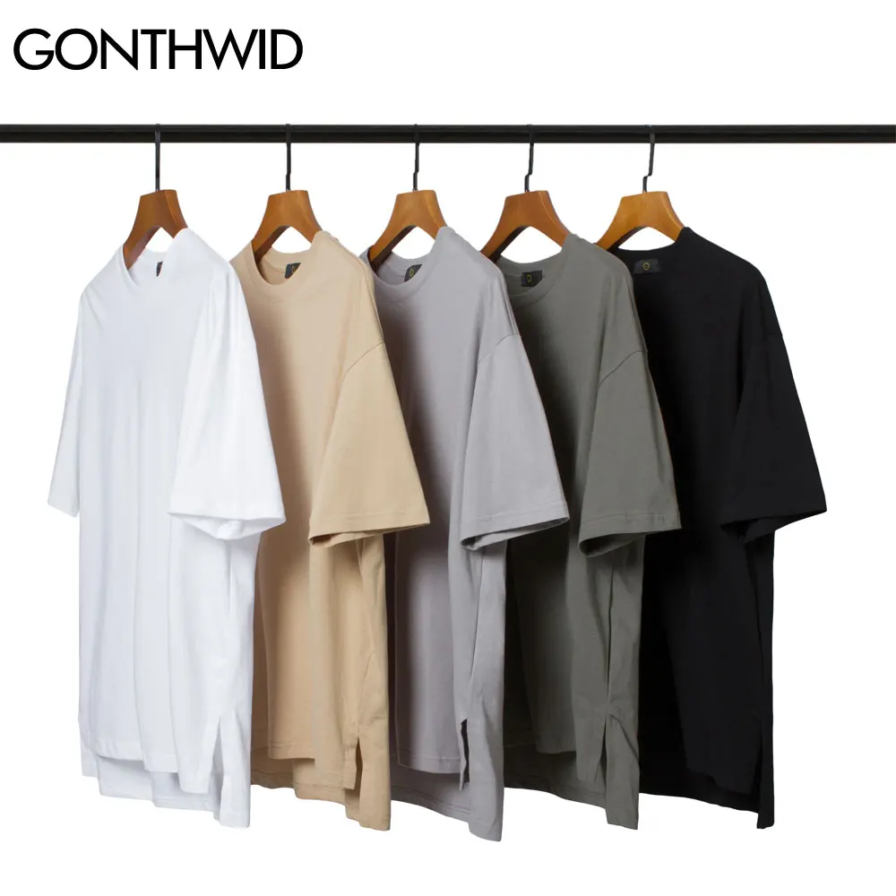 

GONTHWID Высокое Футболки стрит-стайл сбоку Разделение однотонные Цвет Изделие из хлопка с короткими рукавами футболки в стиле хип-хоп Харадзю...