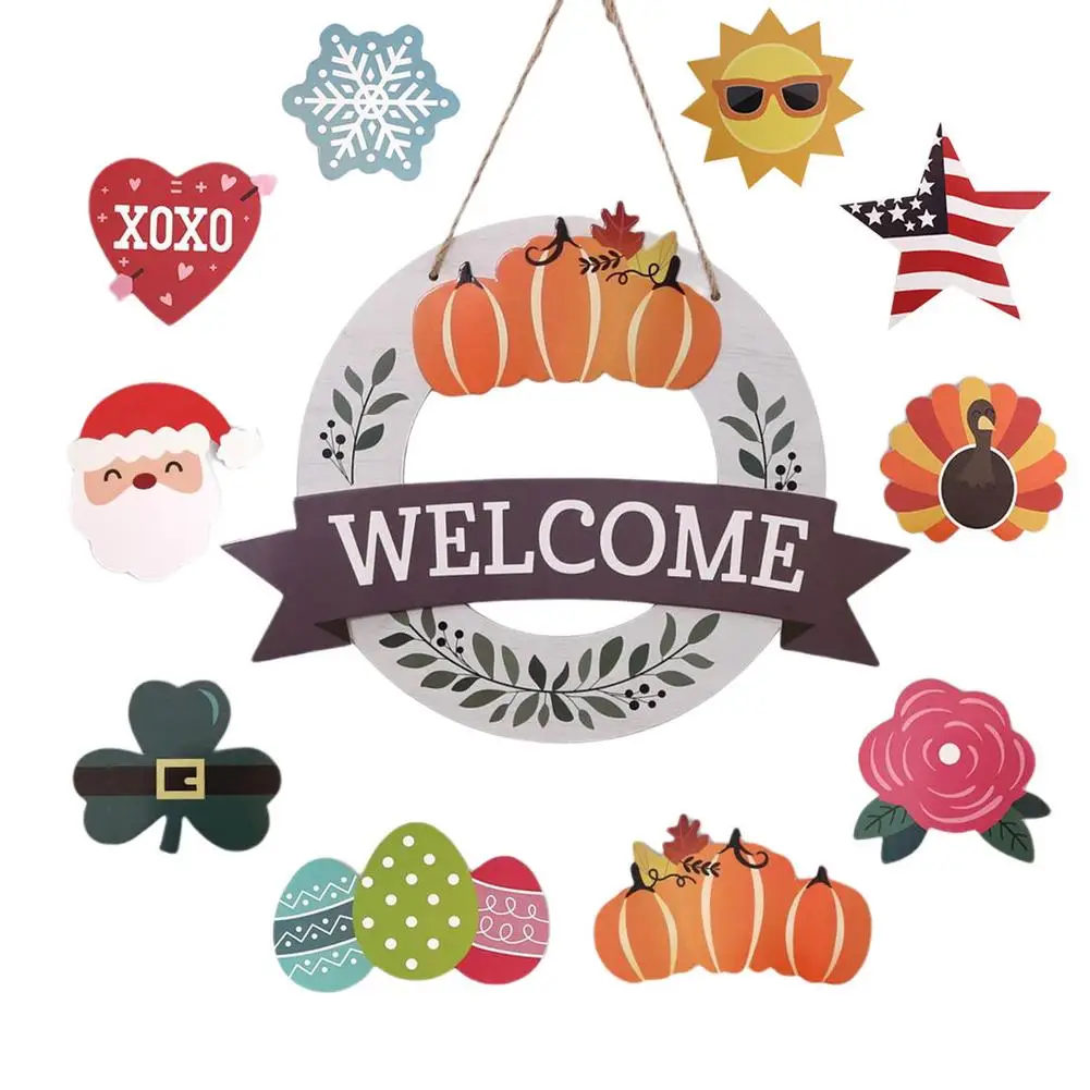 

DIY Wooden Garden Welcome Sign Pumpkin Wreath Halloween Thanksgiving Wedding Hanging Front Door Sign Home Pendant Decoration