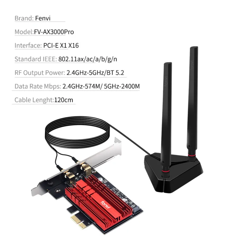 Fenvi 3000 Мбит/с Intel AX210 Wi Fi 6E Адаптерная плата PCIe Bluetooth 5 2 Dual Band 4 г/5G/6 ГГц 802.11ac/ax Win10 MU MIMO