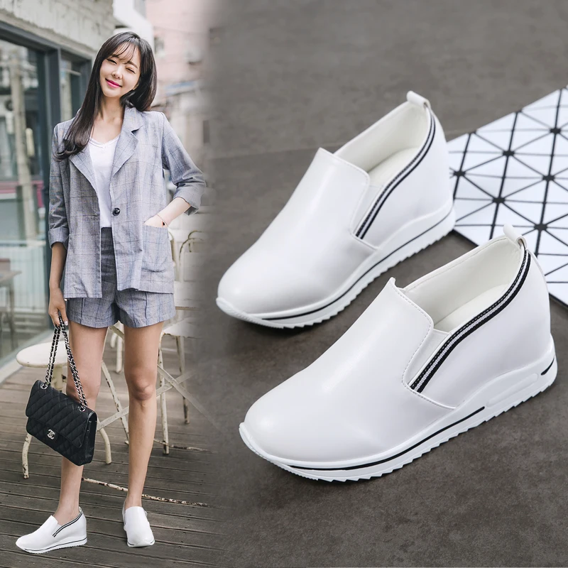 

white wedge women platform casual shoes fashion high heels 5cm height increasing ladies leisure vulcanize moccasins female shoes