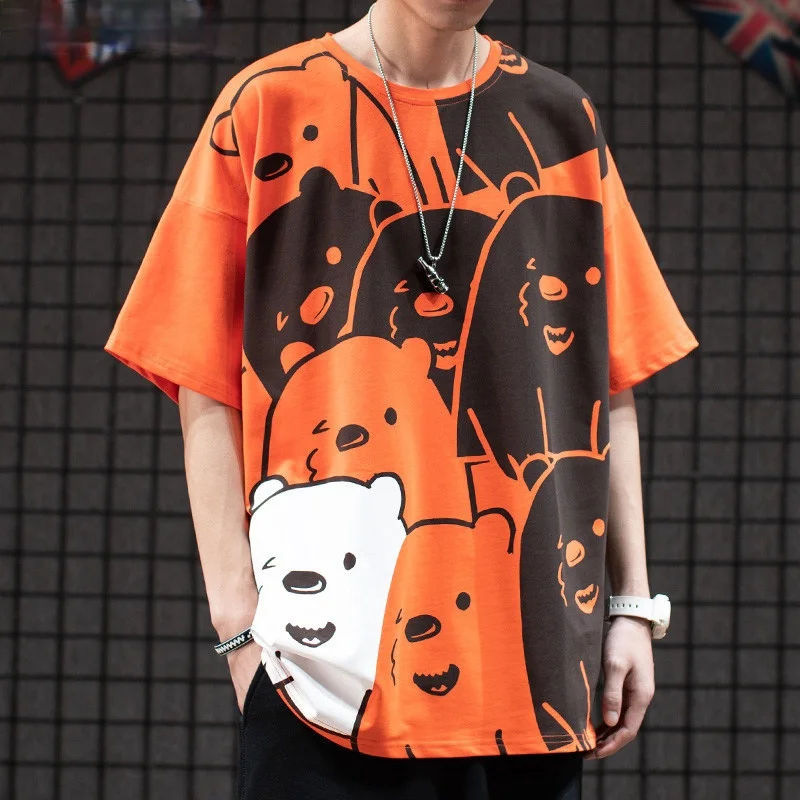 

2021 New Cartoons Streetwear Bear Graffiti Tshirts Summer Men Oversize Tees Tops Harajuku Orange T-shirts Size M~2XL