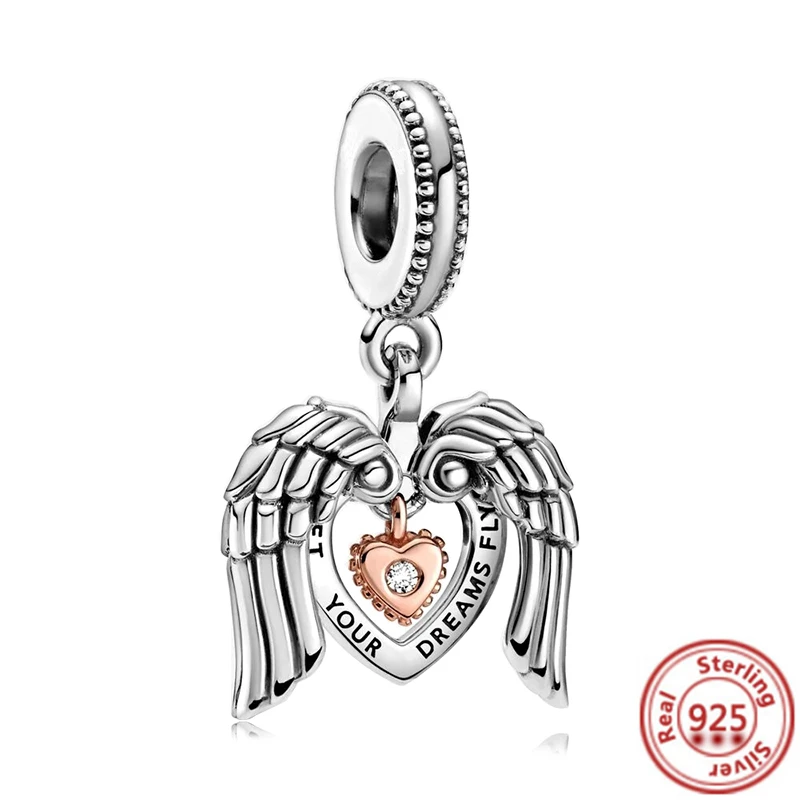 

925 Silver Love Forever Open Heart Rose Flowers Feather Wing Spinning Dangle Beads Fit Original Pandora Charms Bracelets Jewelry