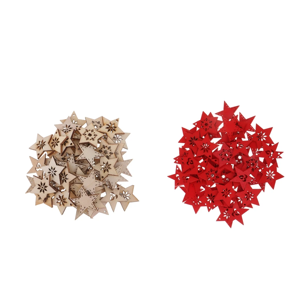 

50 Pieces Wood Star Slices Wooden Carved Snowflakes Crafts Christmas Tree