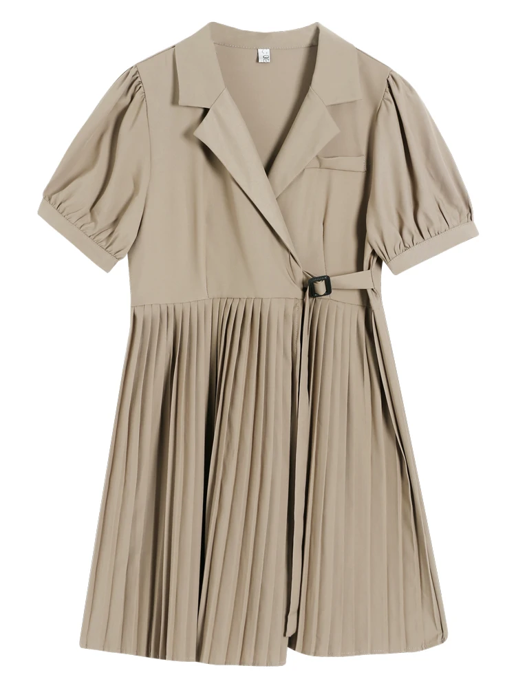 

Uulutonica Summer Women Elegant Fashion Pleated Solid Short Sashes Above Knee, Mini Regular Empire Notched Dress