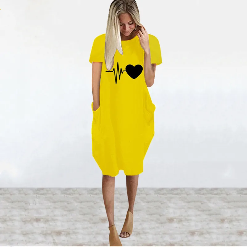 

Summer Women Dress Heart Beat Love Print Plus Size Midi Dress Casual O Neck Short Sleeve With Pocket Loose Fashion Dresses Femme