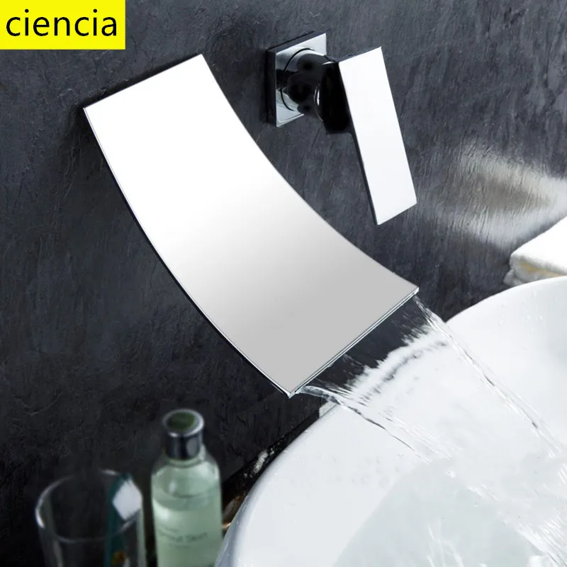 

Brushed Nickel wall mounted Brass Waterfall Lavatory Sink faucet Concealed hot and cold waterfall basin faucet