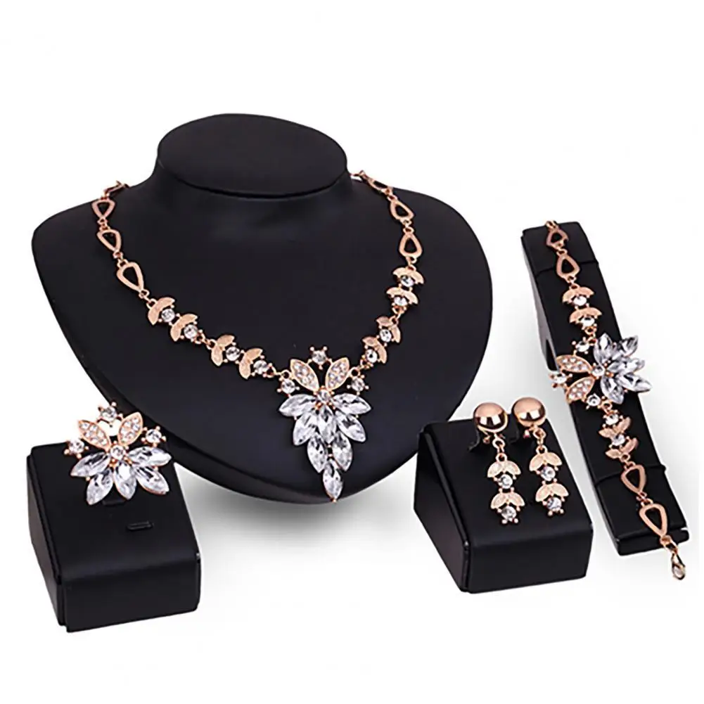 

4Pcs Jewelry Set Flower Design Birthday Gift Durable Necklace Earrings Bracelet Ring Jewelry Set for Wedding