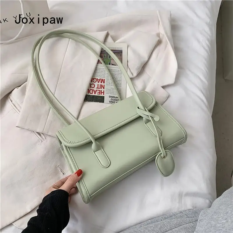 

Summer Trend Beige Baguette Shoulder Bags for Women Simple Solid Design Handbags High Quality Pu Leather Green Tote Bags 2021