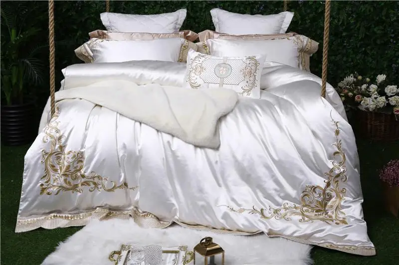 

White Silk Cotton King Queen size Bedding Set Luxury Embroidery duvet cover Bed sheet set couvre lit de luxe ropa de cama