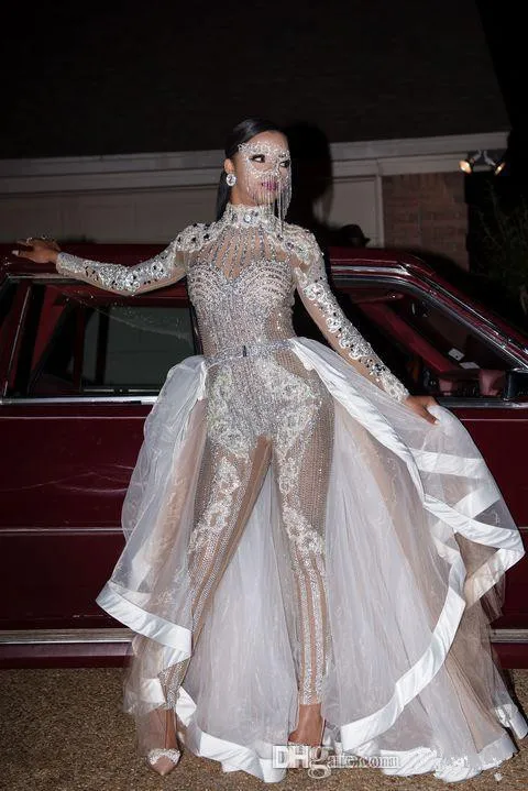 Sparkly See Through Jumpsuits Prom Dresses with Detachable Skirt High Neck Long Sleeve Crystal Sequins Bling Sexy Party Gowns