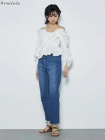 spring new womens frayed slit casual jeans loose and thin jeans
