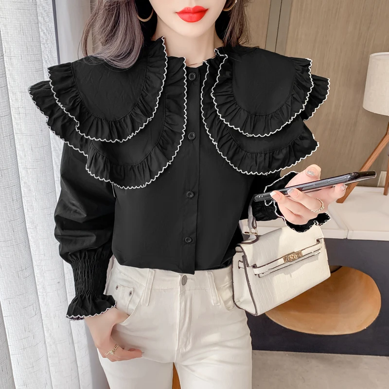 Женская рубашка с длинным рукавом и оборками белая Повседневная элегантная