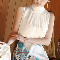 halter sleeveless chiffon shirt womens summer 2021 white turtleneck top loose cover belly ribbon bow tie vest