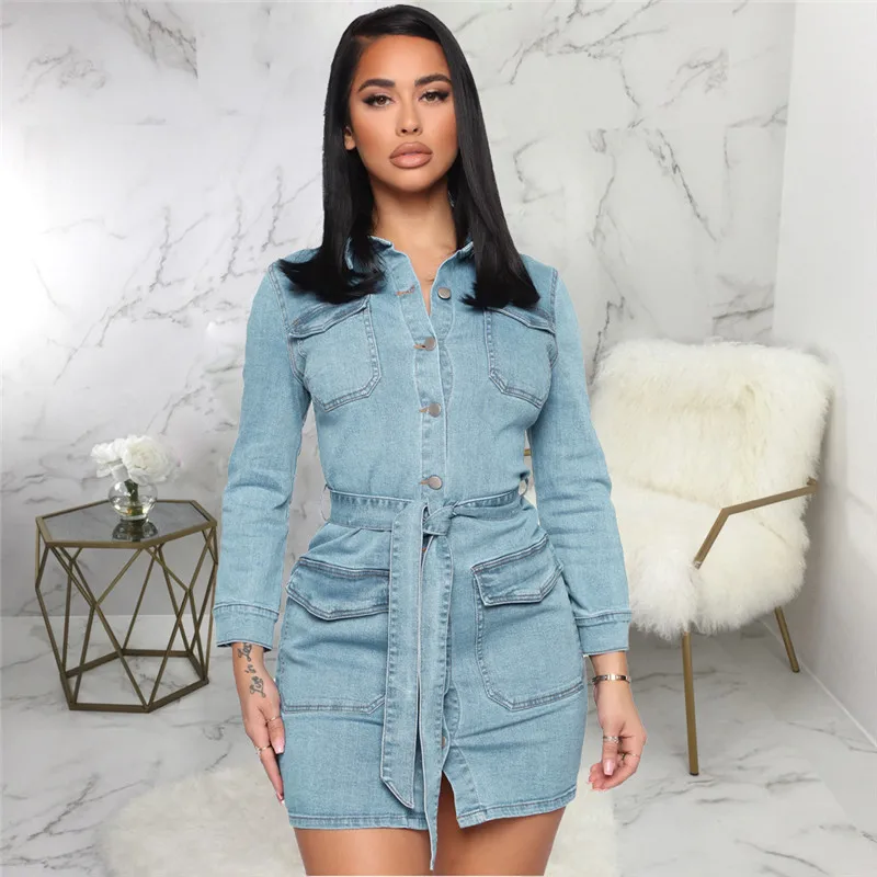 

Women Casual Denim Dresses Pockets Elegant Cowboy Fashion Women Feminino Lady Slim Shirt Dress Jeans dresses women lady elegant